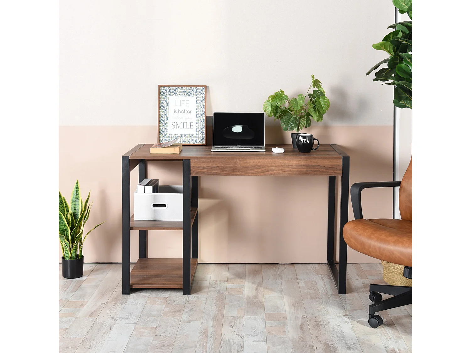 Bureau avec 2 étagères de rangement design industriel bois noyer SOLEIL