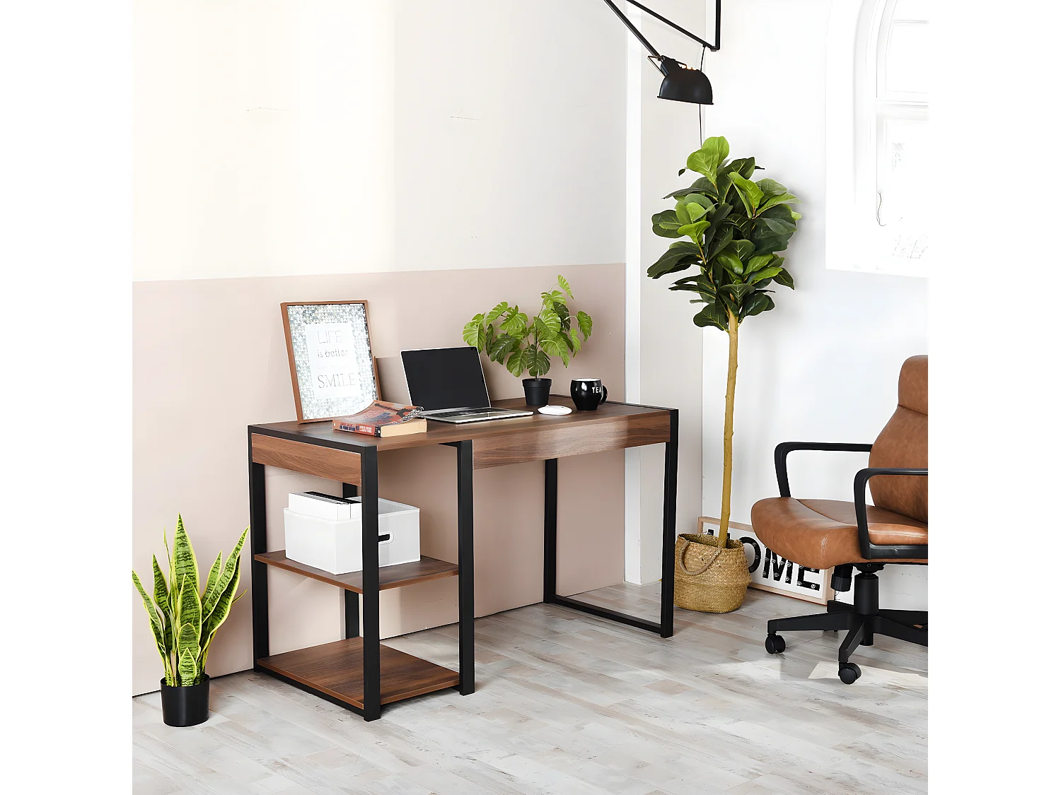 Bureau avec 2 étagères de rangement design industriel bois noyer SOLEIL