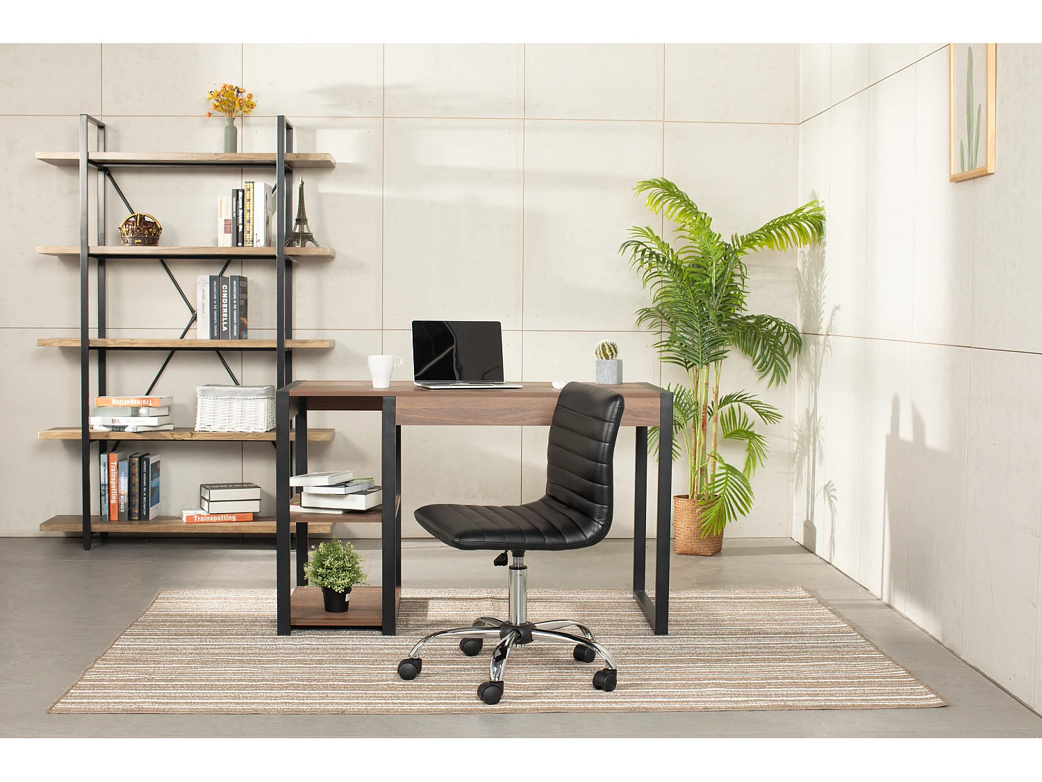 Bureau avec 2 étagères de rangement design industriel bois noyer SOLEIL