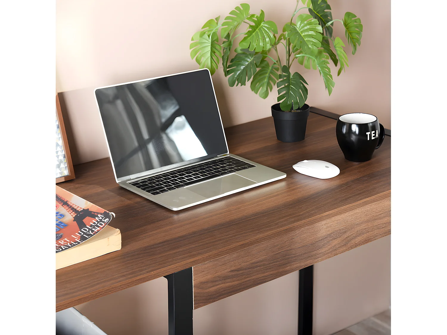 Bureau avec 2 étagères de rangement design industriel bois noyer SOLEIL