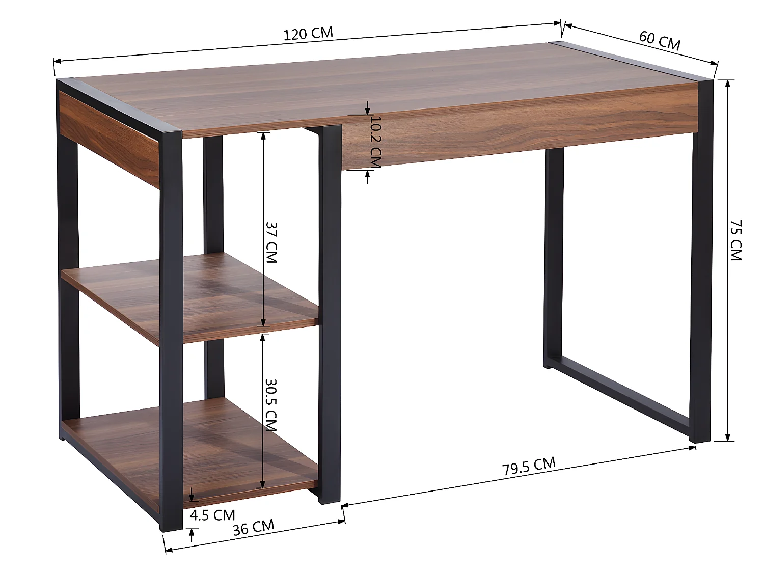 Bureau avec 2 étagères de rangement design industriel bois noyer SOLEIL