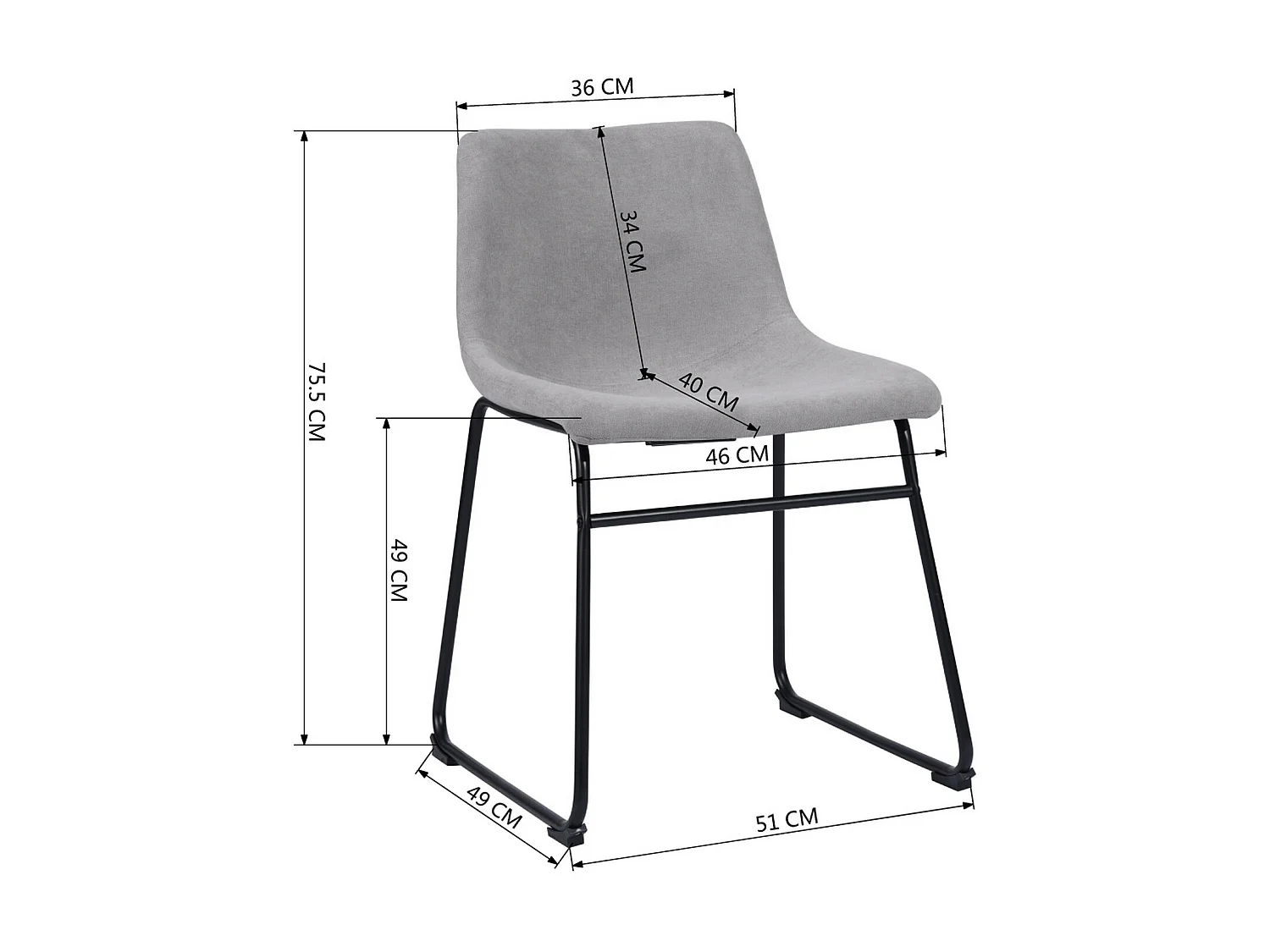 Sedia da pranzo moderna in tessuto grigio e base a slitta in metallo nero GENOVA FABRIC GREY