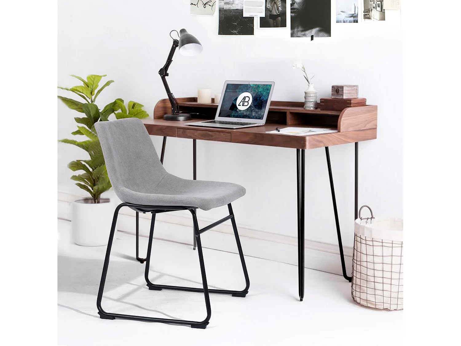 Sedia da pranzo moderna in tessuto grigio e base a slitta in metallo nero GENOVA FABRIC GREY