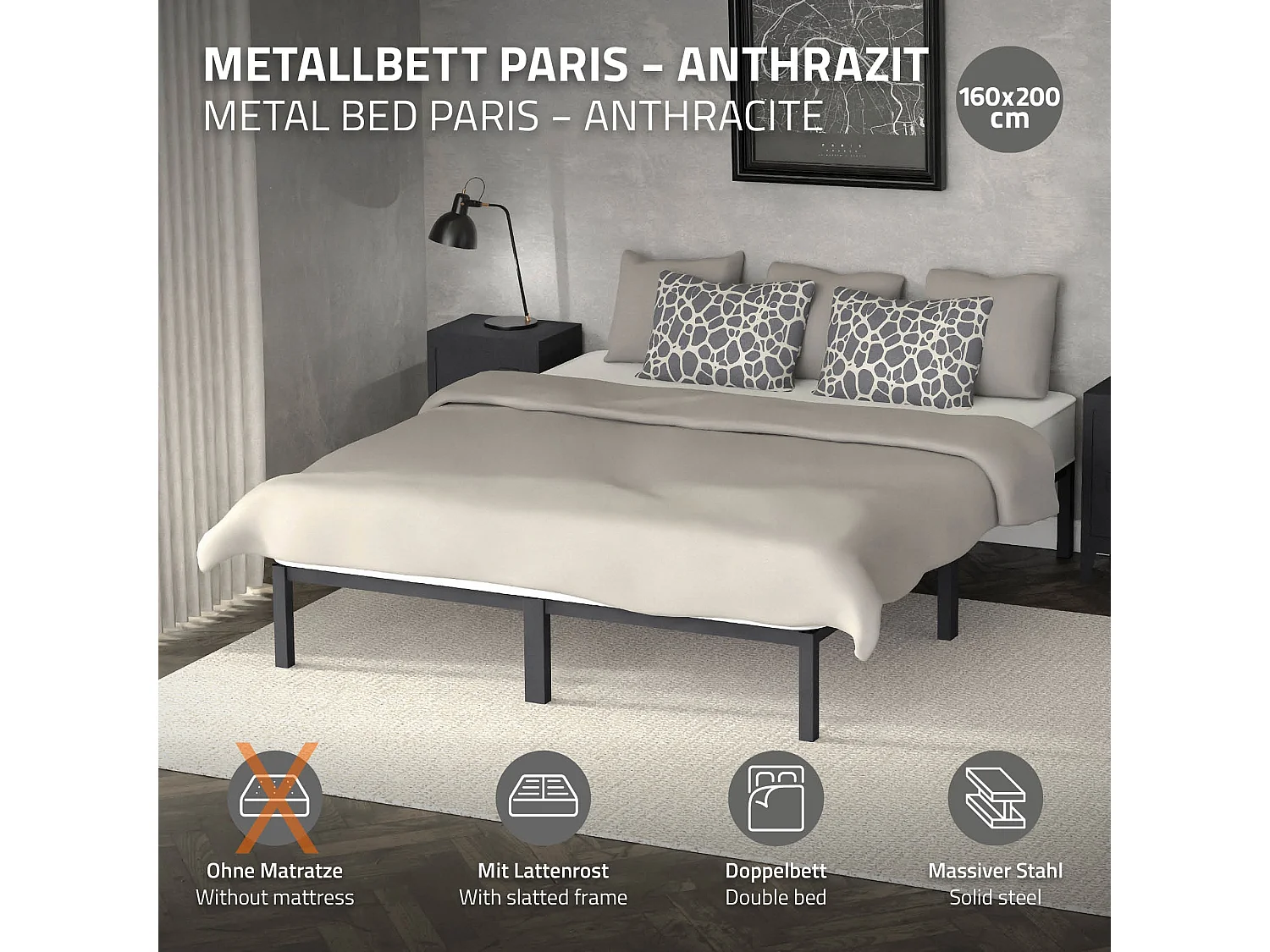 Cadre de lit en acier sommier à lattes anthracite 160 x 200 cm ML-DESIGN