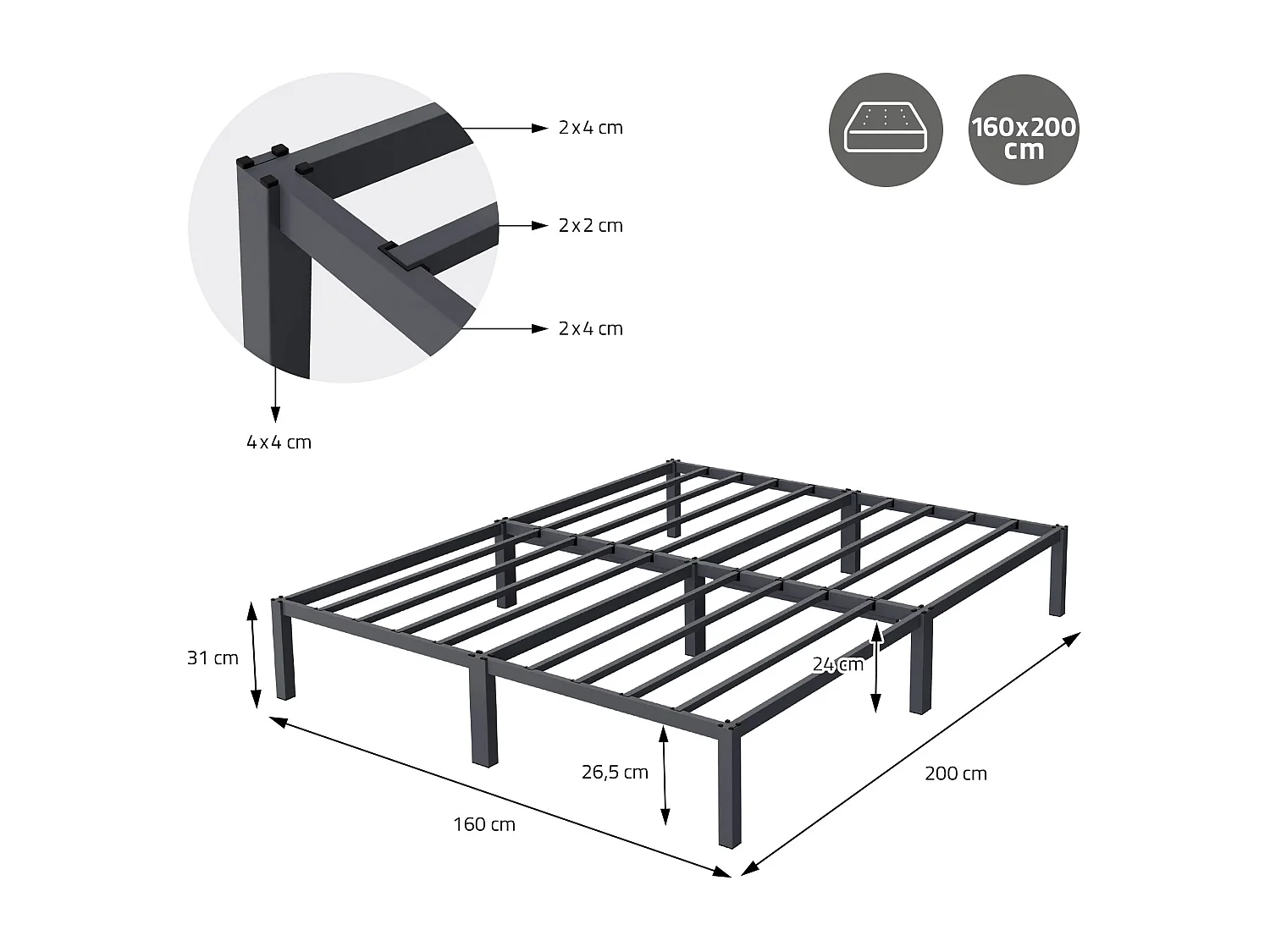 Cadre de lit en acier sommier à lattes anthracite 160 x 200 cm ML-DESIGN