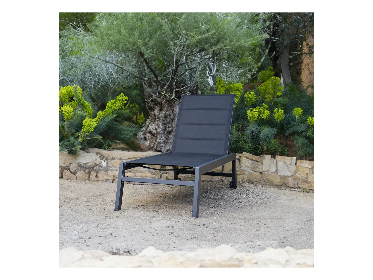 Bain de soleil BARBADOS en textilène noir - aluminium gris anthracite - HAPPY GARDEN
