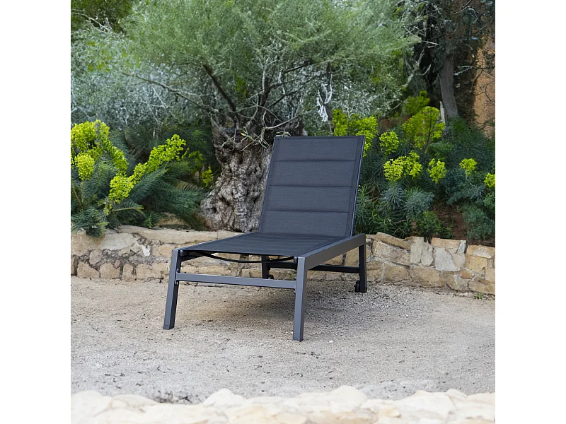 BARBADOS ligstoel in zwart textilene - antraciet grijs aluminium