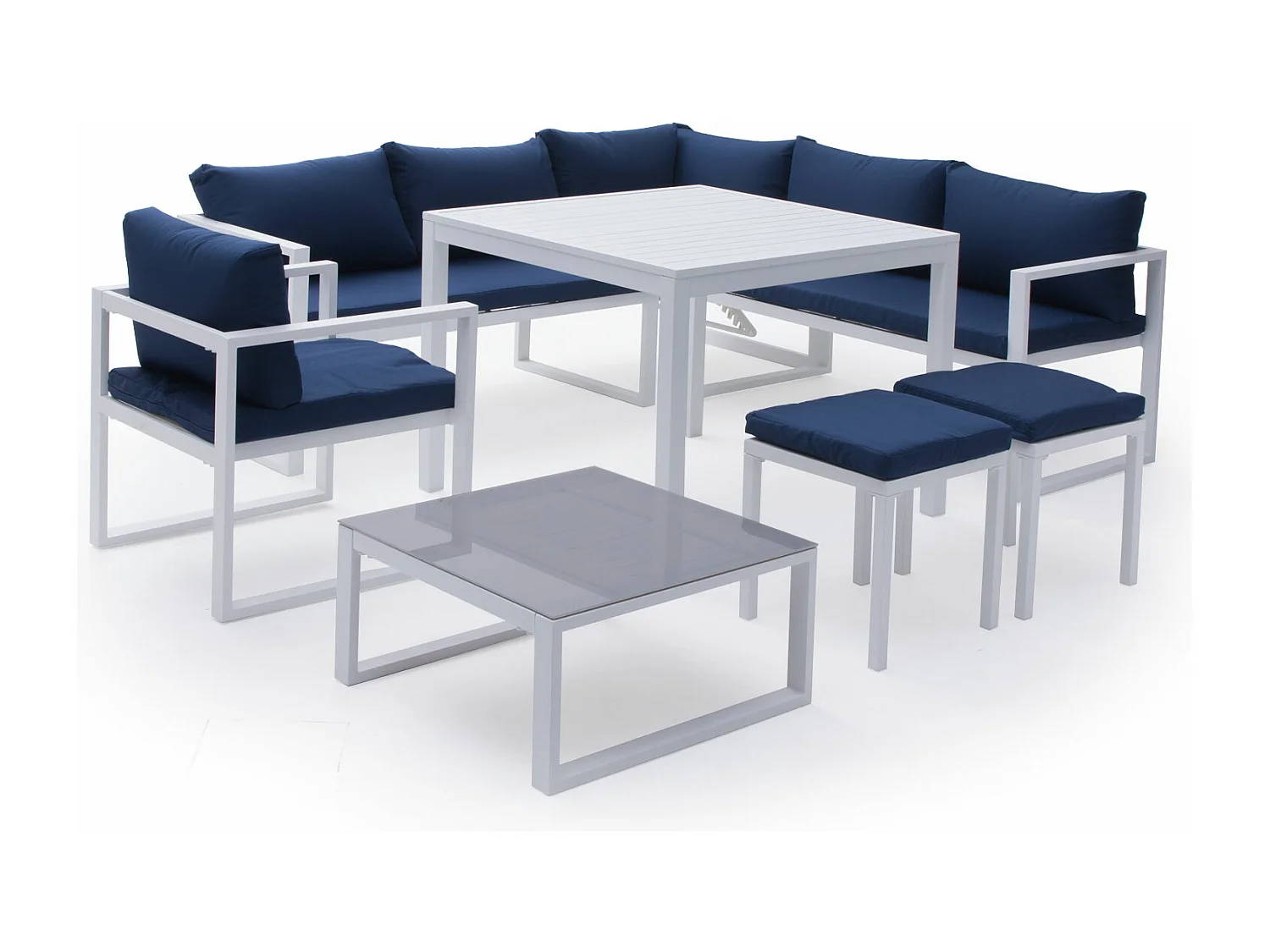 IBIZA modulaire tuinset in blauwe stof, 7 zitplaatsen - wit aluminium