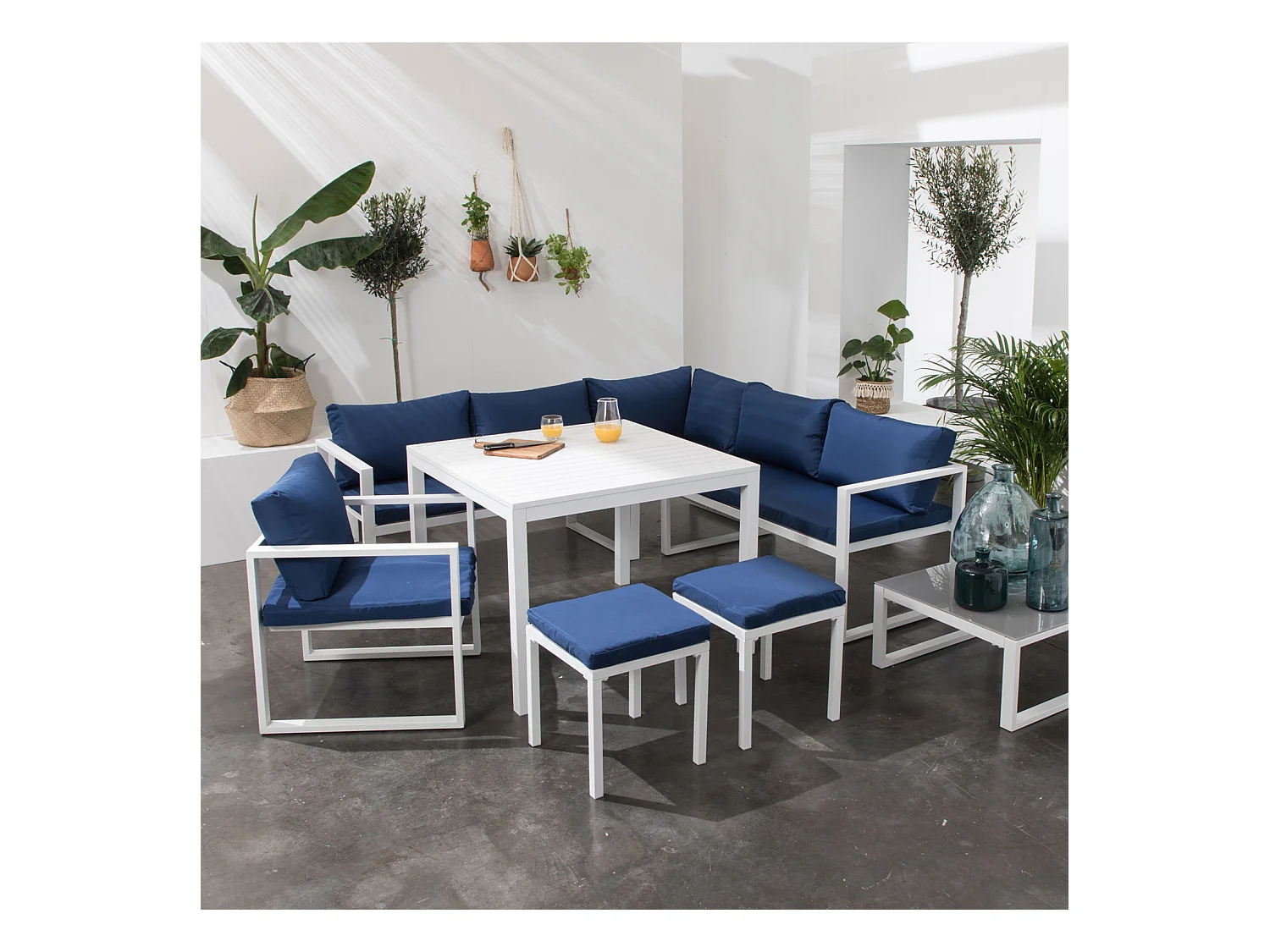IBIZA modulaire tuinset in blauwe stof, 7 zitplaatsen - wit aluminium
