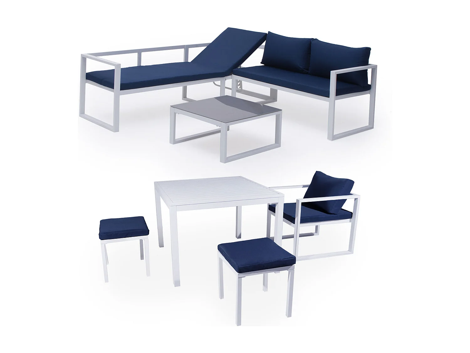 Conjunto de jardín ajustable IBIZA tela azul 7 plazasaluminio blanco