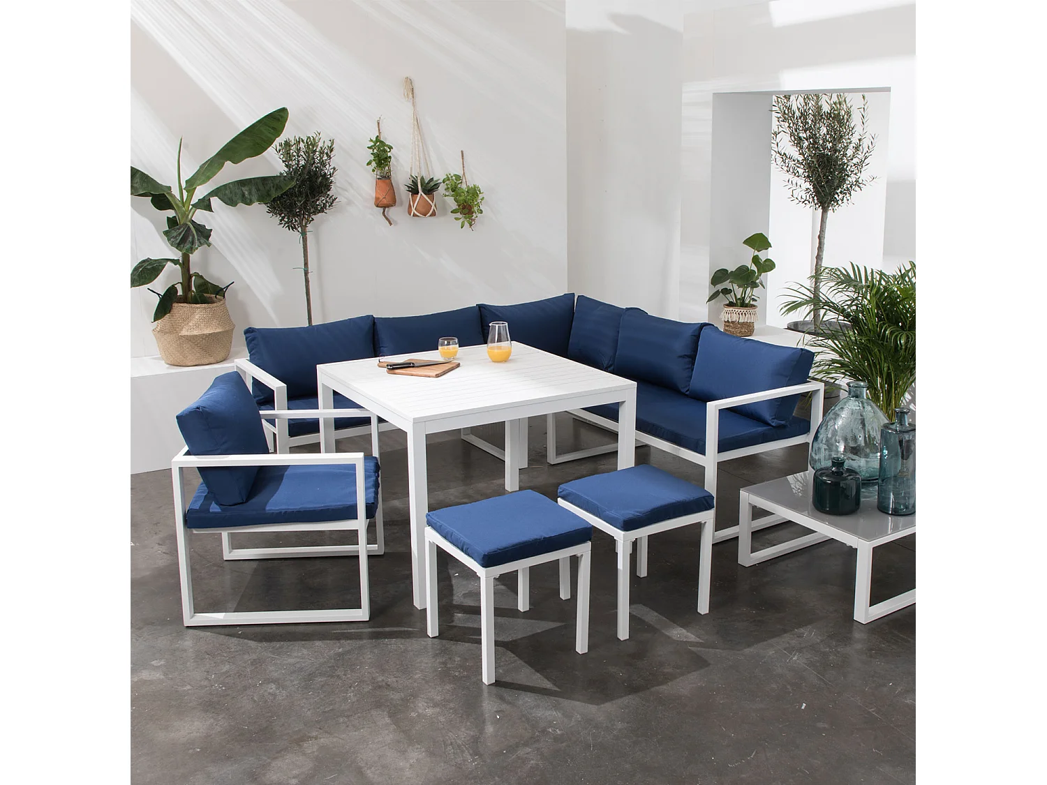 IBIZA modulaire tuinset in blauwe stof, 7 zitplaatsen - wit aluminium