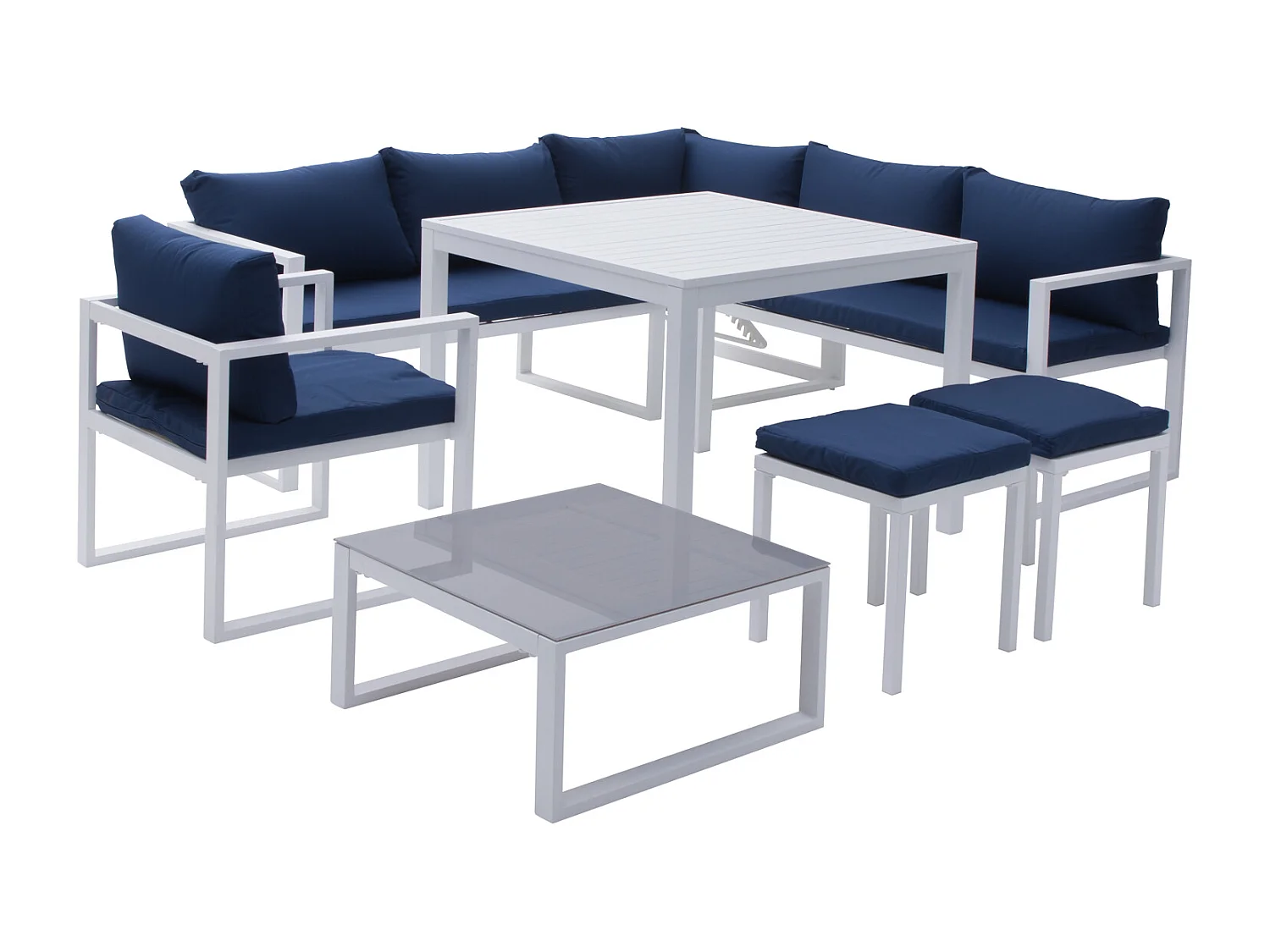 Salon de jardin modulable IBIZA en tissu bleu 7 places - aluminium blanc - HAPPY GARDEN