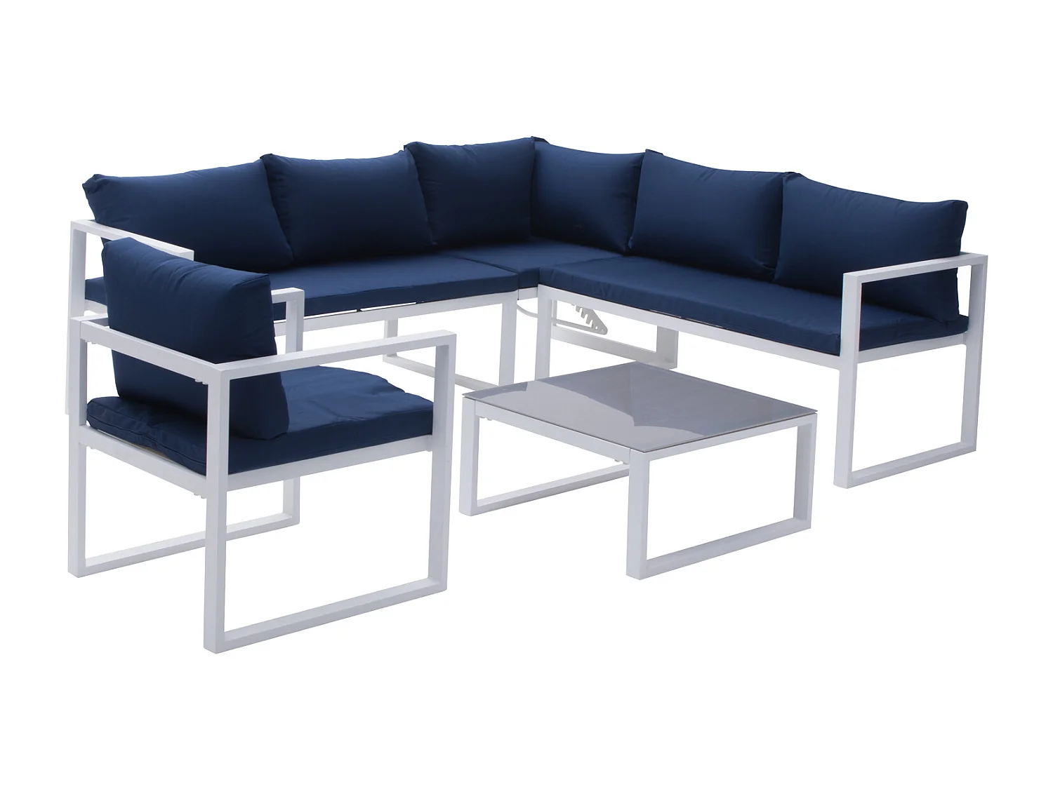 Salon de jardin modulable IBIZA en tissu bleu 7 places - aluminium blanc - HAPPY GARDEN