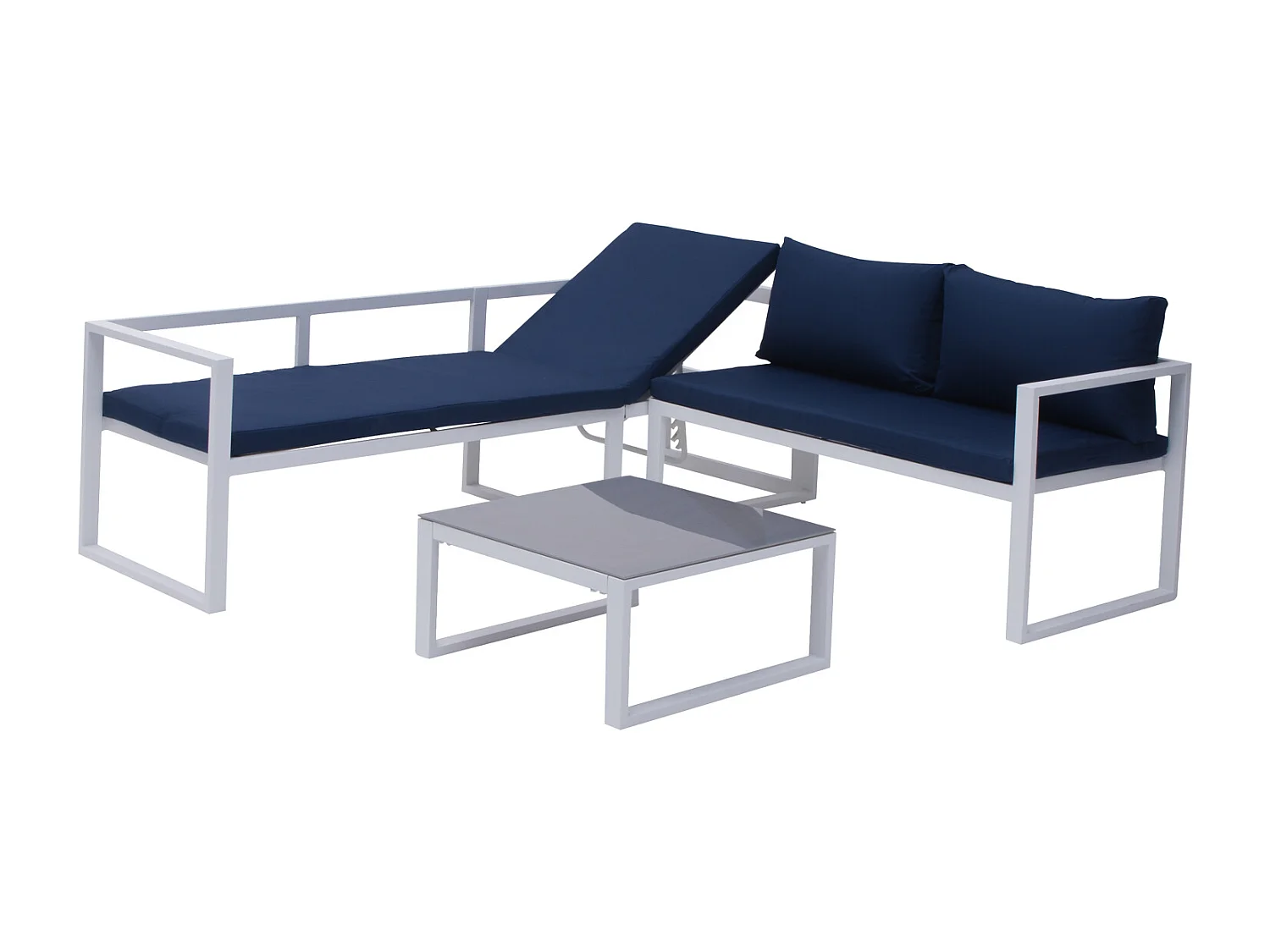 Salon de jardin modulable IBIZA en tissu bleu 7 places - aluminium blanc - HAPPY GARDEN