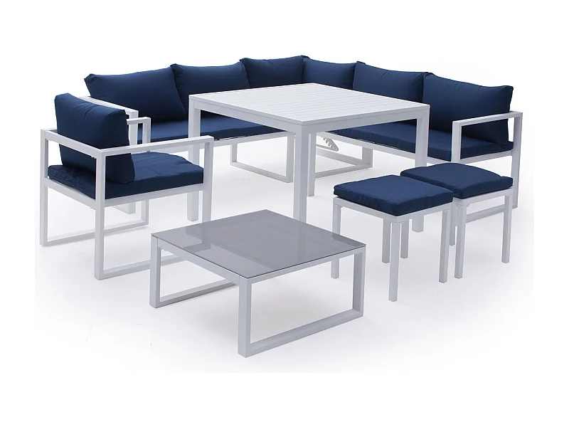 Salon de jardin modulable IBIZA en tissu bleu 7 places - aluminium blanc - HAPPY GARDEN