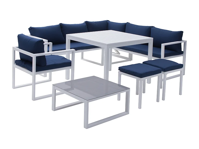 Salon de jardin modulable IBIZA en tissu bleu 7 places - aluminium blanc - HAPPY GARDEN