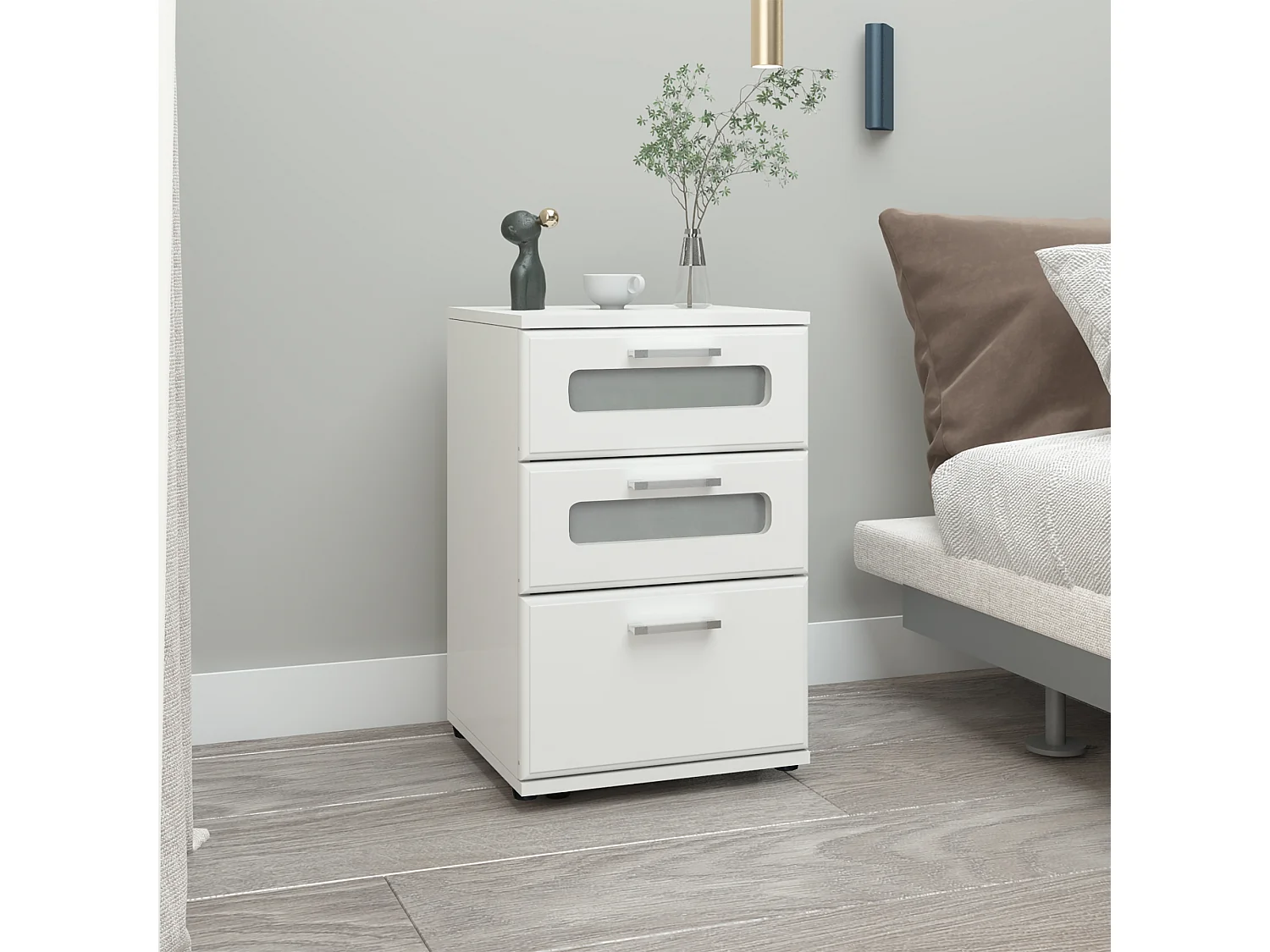 Comodino con 3 cassetti e 2 inserti in vetro bianco MDF ML-DESIGN