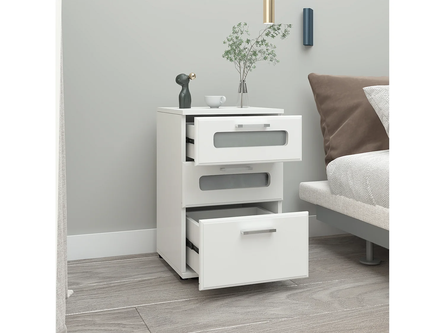 Comodino con 3 cassetti e 2 inserti in vetro bianco MDF ML-DESIGN