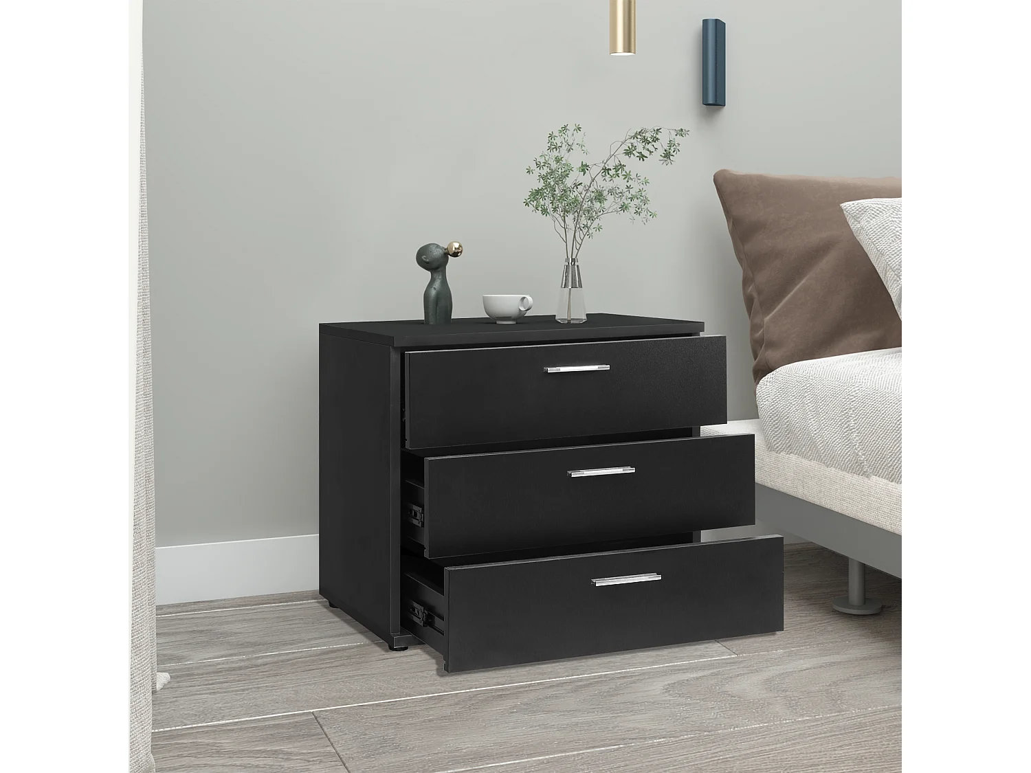 Comodino moderno con 3 cassetti nero MDF 53x45x38 cm ML-DESIGN