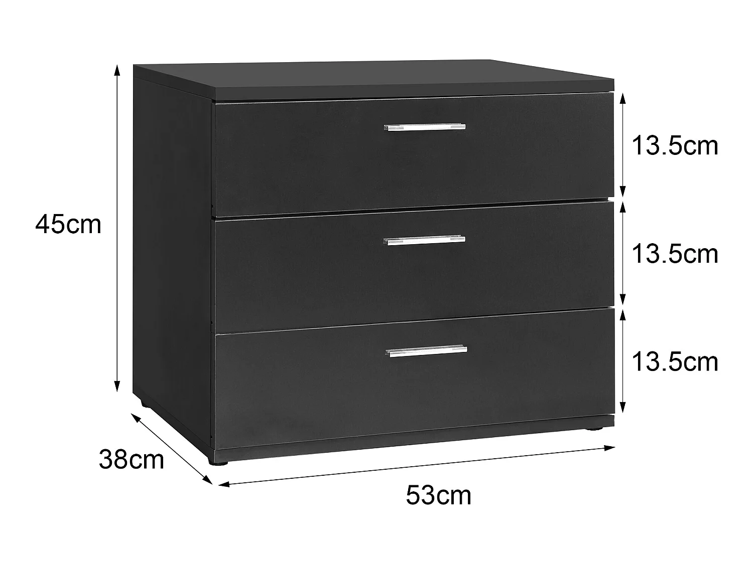 Comodino moderno con 3 cassetti nero MDF 53x45x38 cm ML-DESIGN