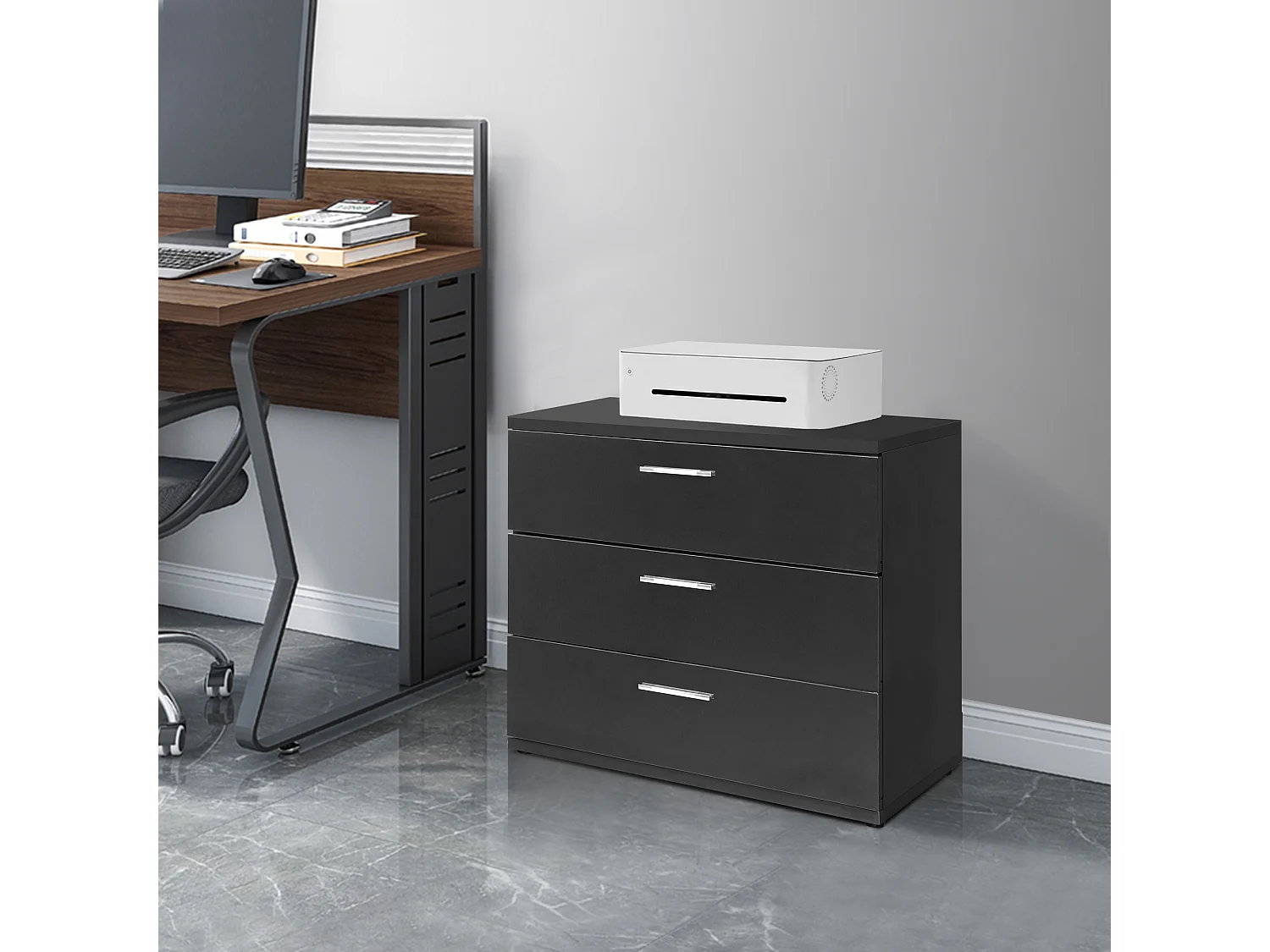 Comodino moderno con 3 cassetti nero MDF 53x45x38 cm ML-DESIGN