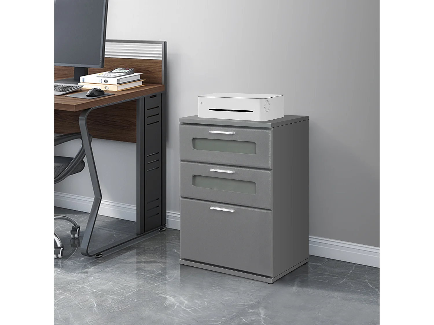 Comodino con 3 cassetti e 2 inserti in vetro grigio in MDF ML-DESIGN