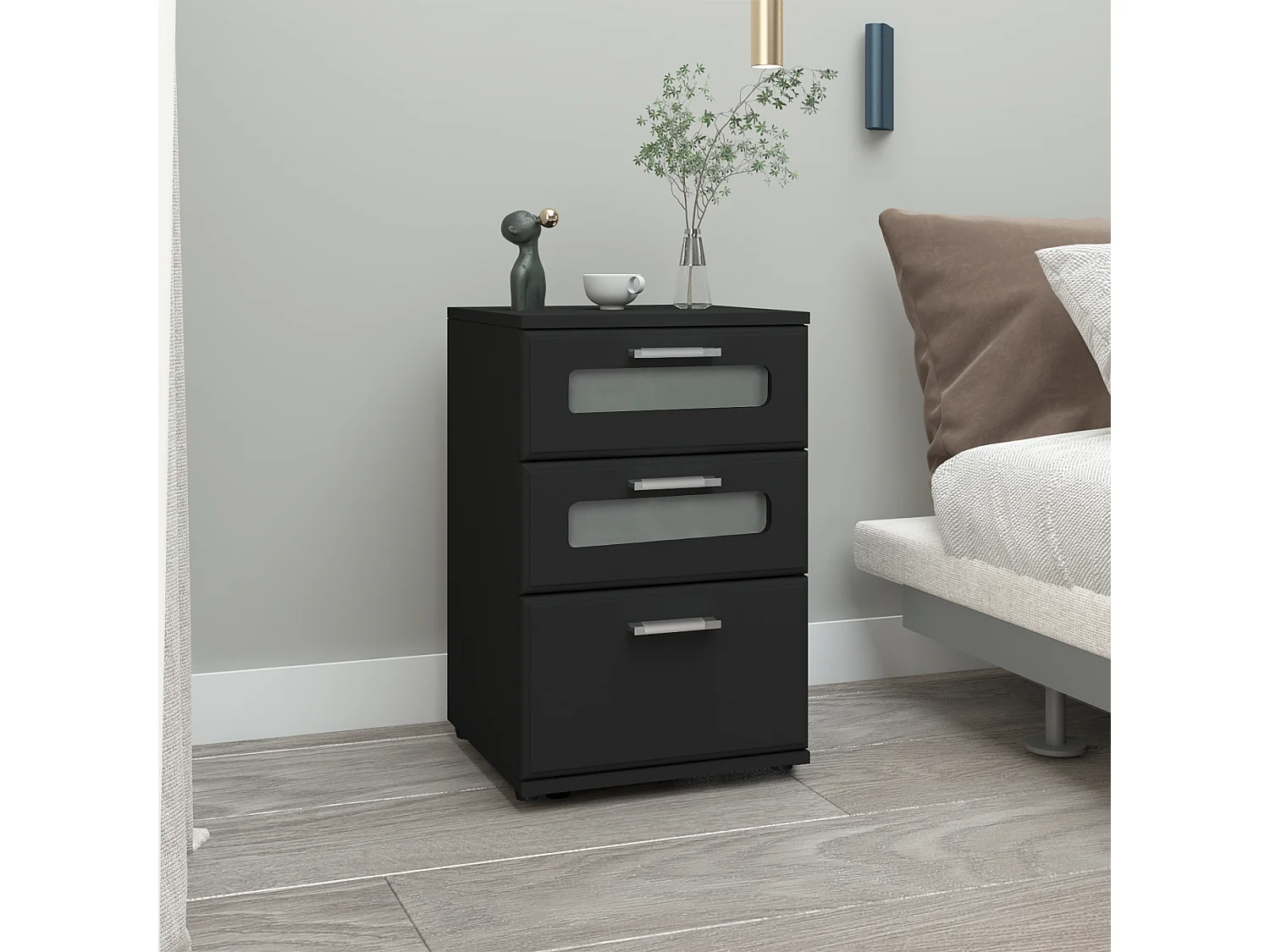 Comodino con 3 cassetti e 2 inserti in vetro nero MDF ML-DESIGN