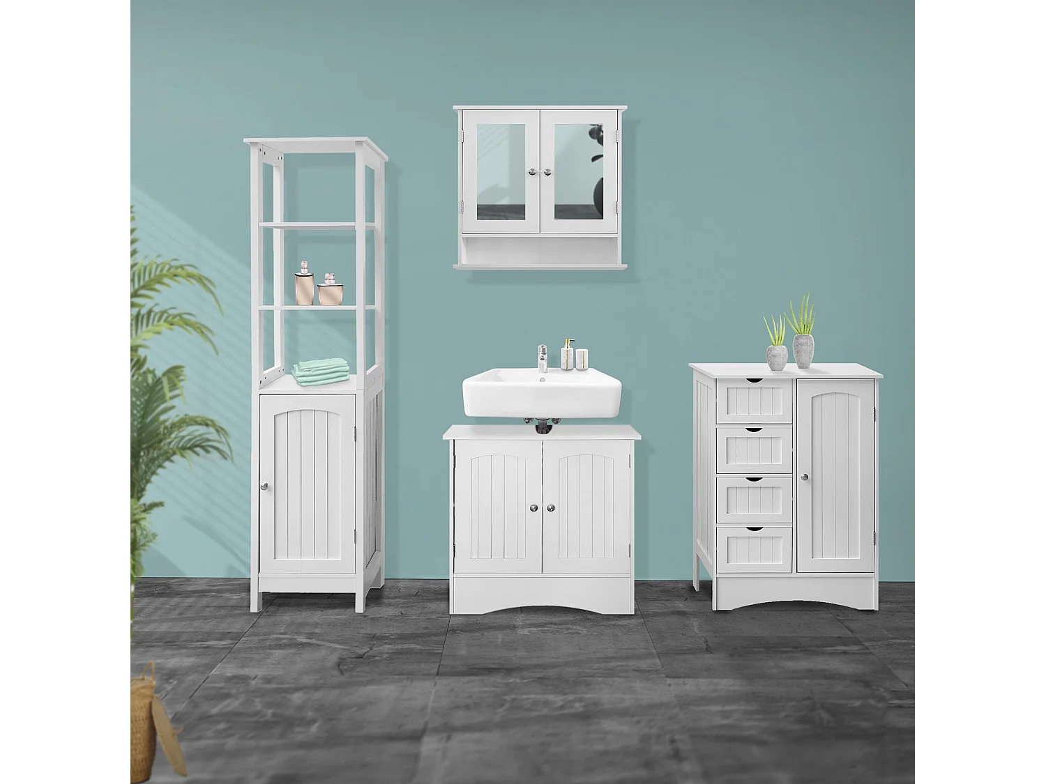 Mueble de baño cómoda con 4 cajones y puerta blanco robusto ML-DESIGN