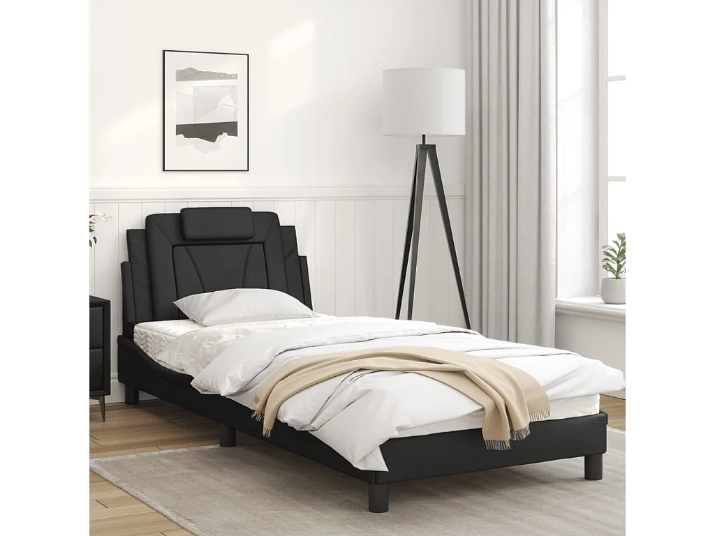 Estrutura de cama c/ luzes LED 90x190 cm couro artificial preto