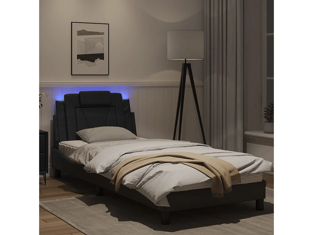 Estrutura de cama c/ luzes LED 90x190 cm couro artificial preto