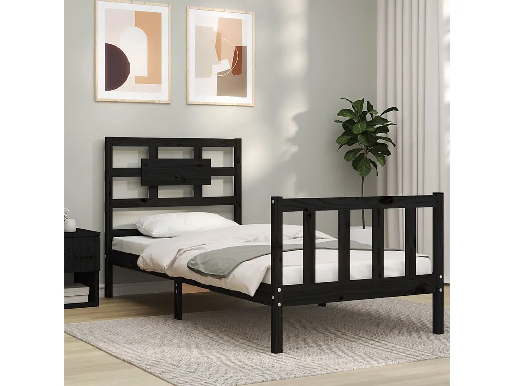 Cadre de lit avec tête de lit noir petit simple bois massif