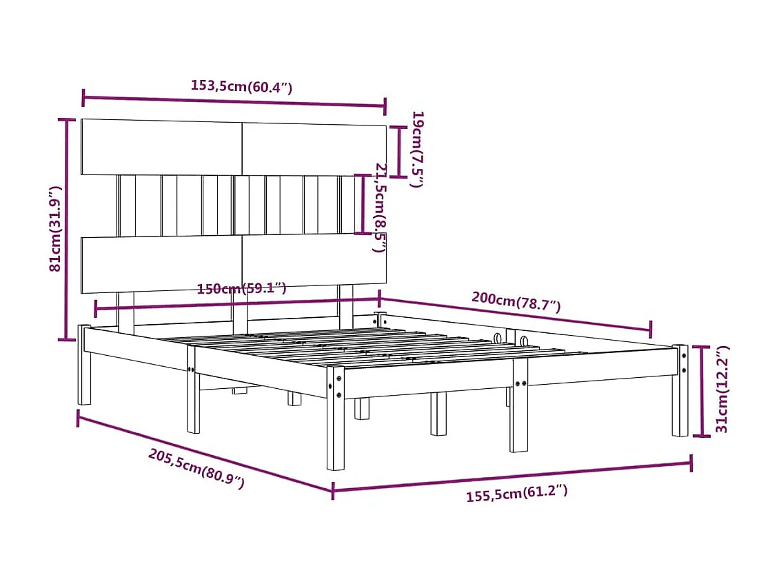 Estrutura de cama king 150x200 cm madeira maciça