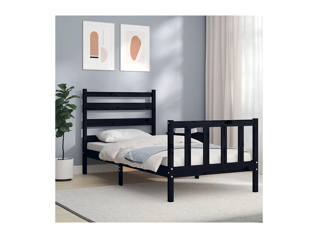 Cadre de lit avec tête de lit noir petit simple bois massif
