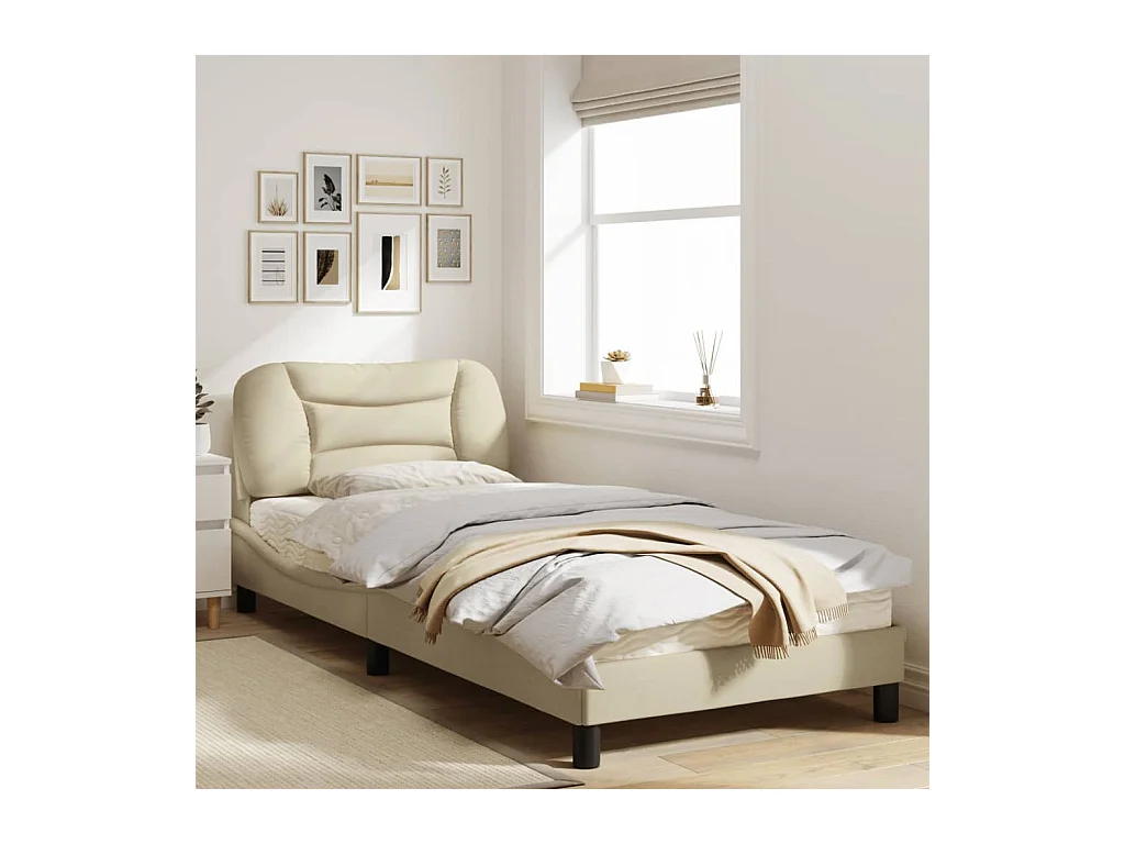 Estructura de cama con cabecero de tela color crema 80x200 cm