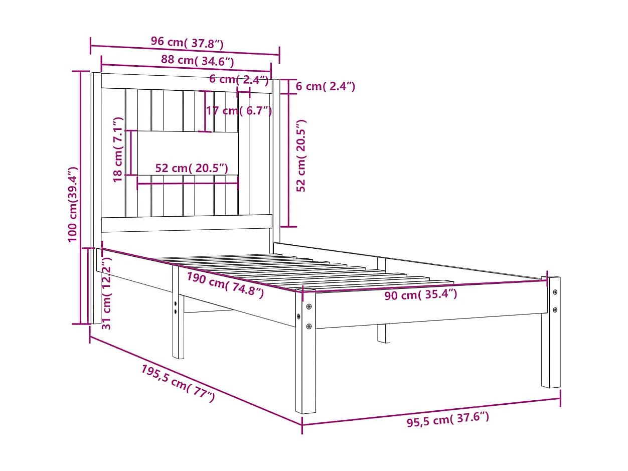 Estrutura cama de solteiro 90x190 cm madeira maciça branco