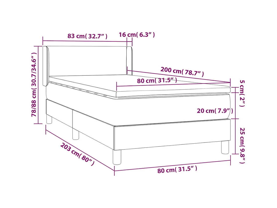 Cama box spring con colchón terciopelo gris claro 80x200 cm