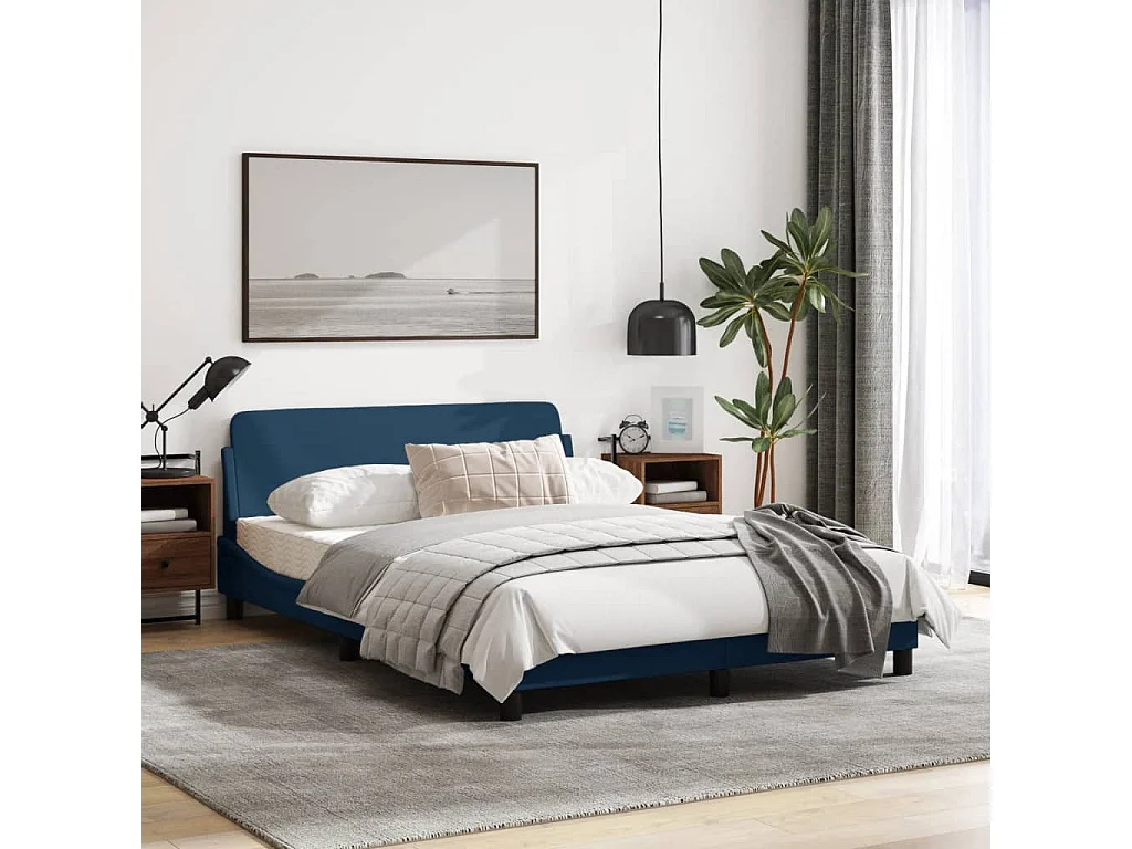 Estrutura de cama c/ cabeceira 140x190 cm tecido azul