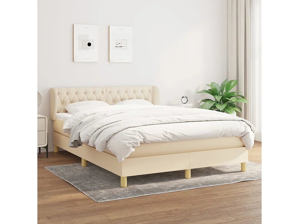 Cama box spring con colchón tela color crema 140x190 cm
