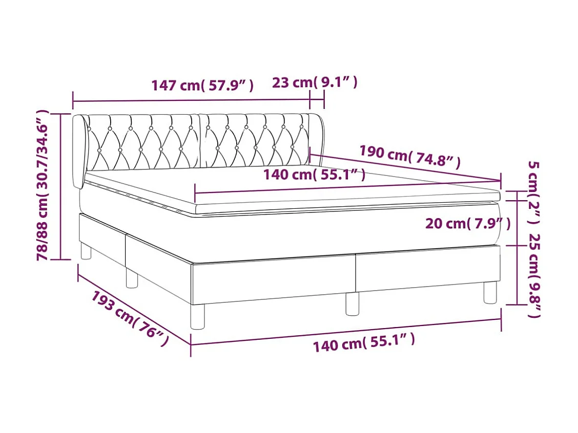 Cama box spring con colchón tela color crema 140x190 cm
