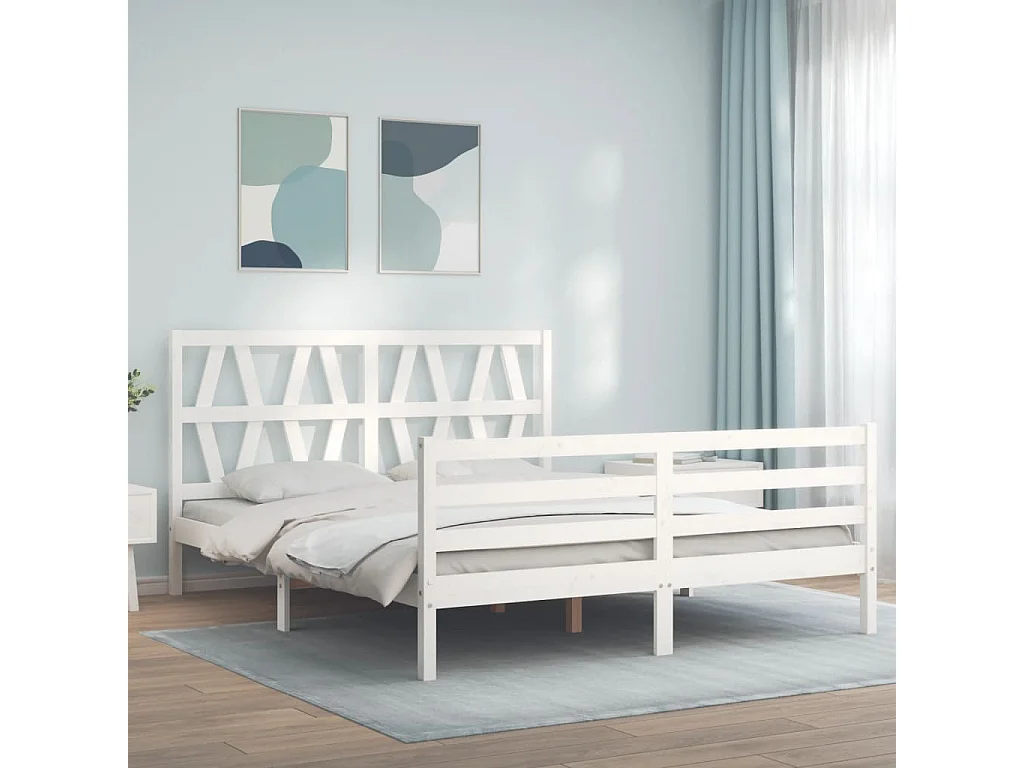 Estructura de cama matrimonio con cabecero madera maciza blanco