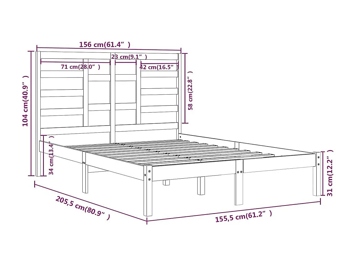 Cadre de lit Gris Bois massif 150x200 cm Très grand