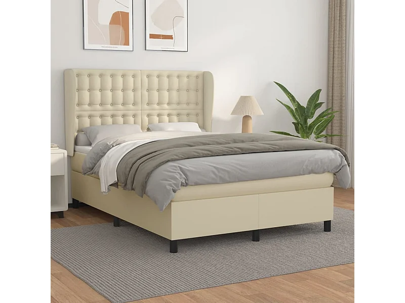 Cama box spring con colchón cuero sintético crema 140x200cm