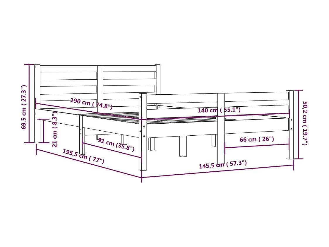 Estrutura de cama 140x190 cm madeira maciça