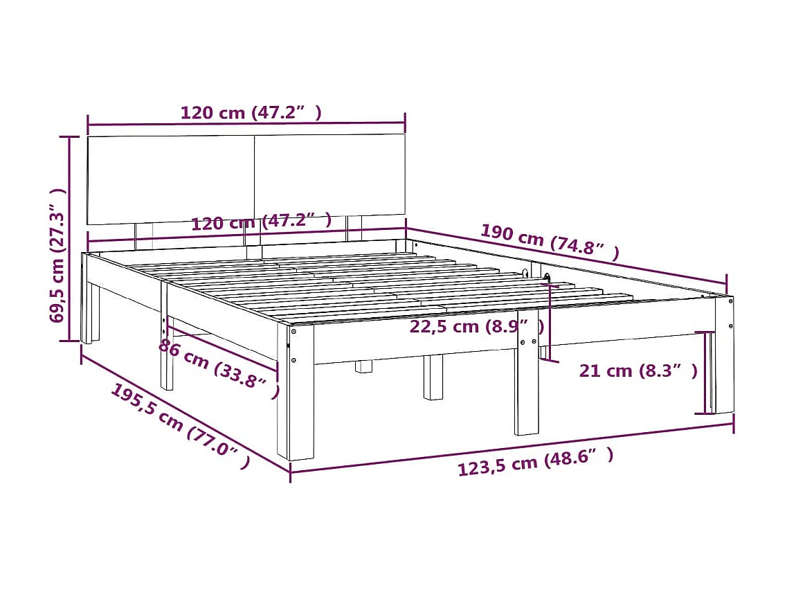 Estrutura de cama pequena casal 120x190 cm pinho maciço