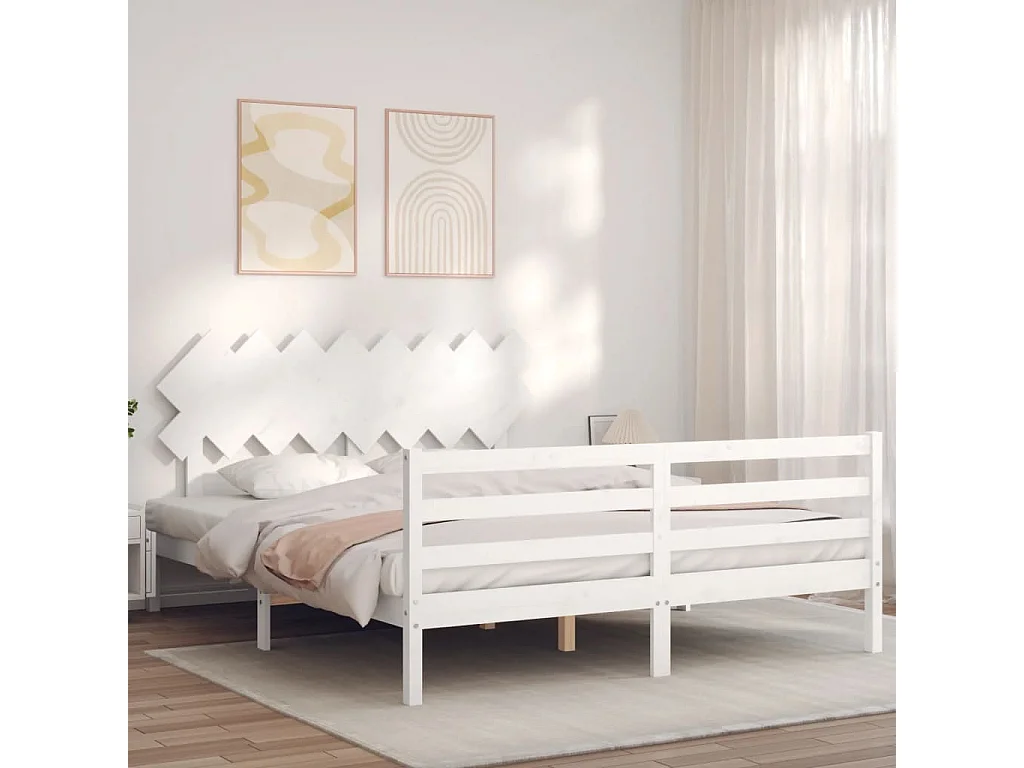 Estructura de cama con cabecero madera maciza blanco 160x200 cm