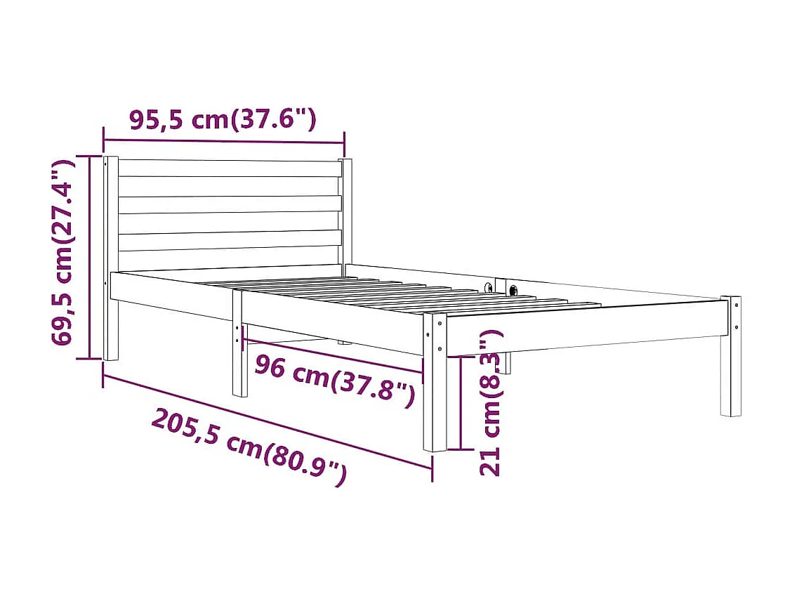 Estructura de cama de madera maciza de pino 90x200 cm