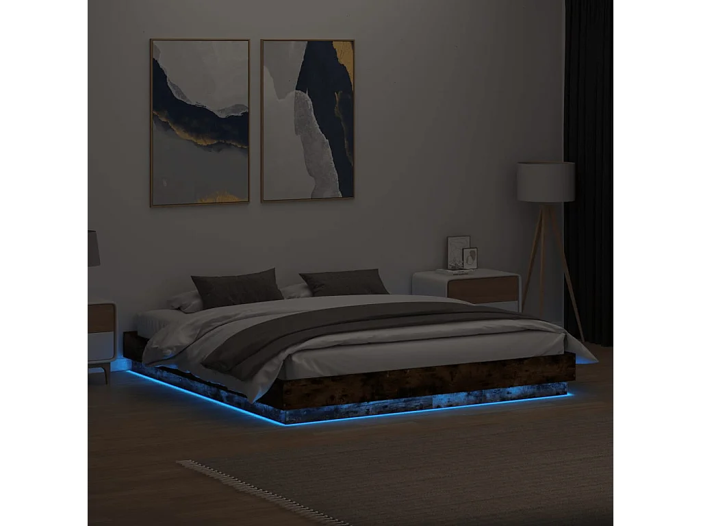 Estrutura de cama com luzes LED 200x200 cm carvalho fumado