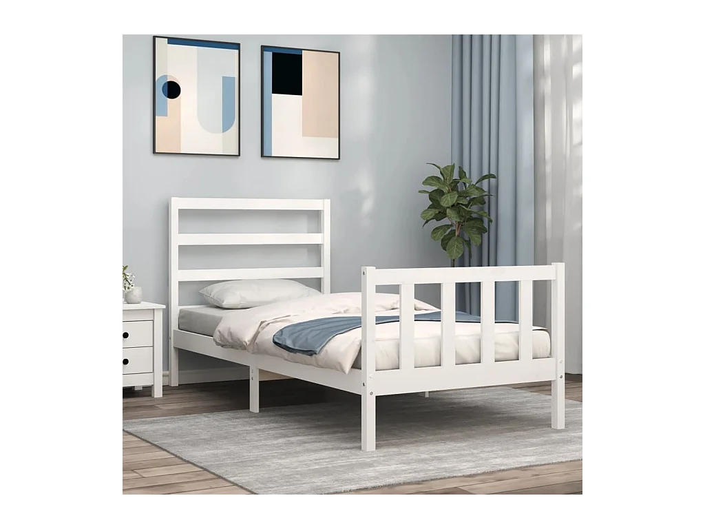 Estructura de cama individual con cabecero madera maciza blanco