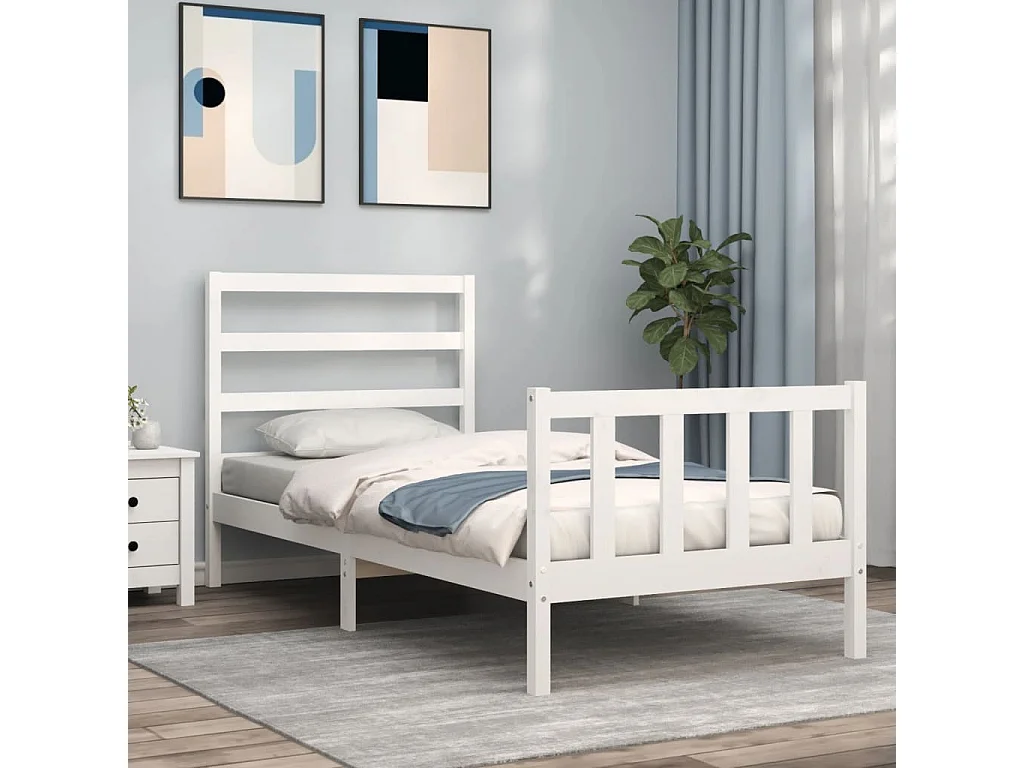 Estrutura cama de solteiro c/ cabeceira madeira maciça branco