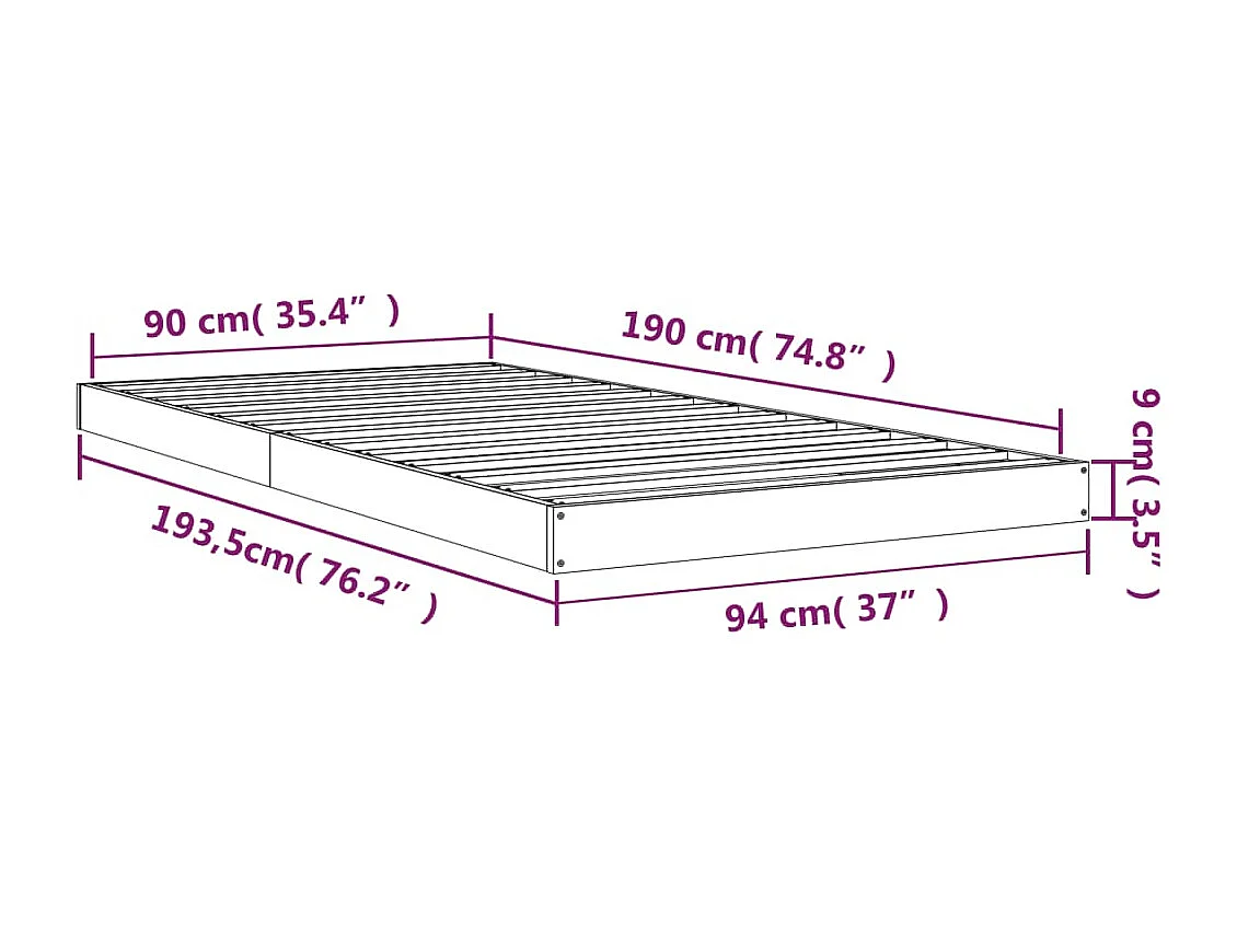 Cadre de lit 90x190 cm simple bois massif de pin